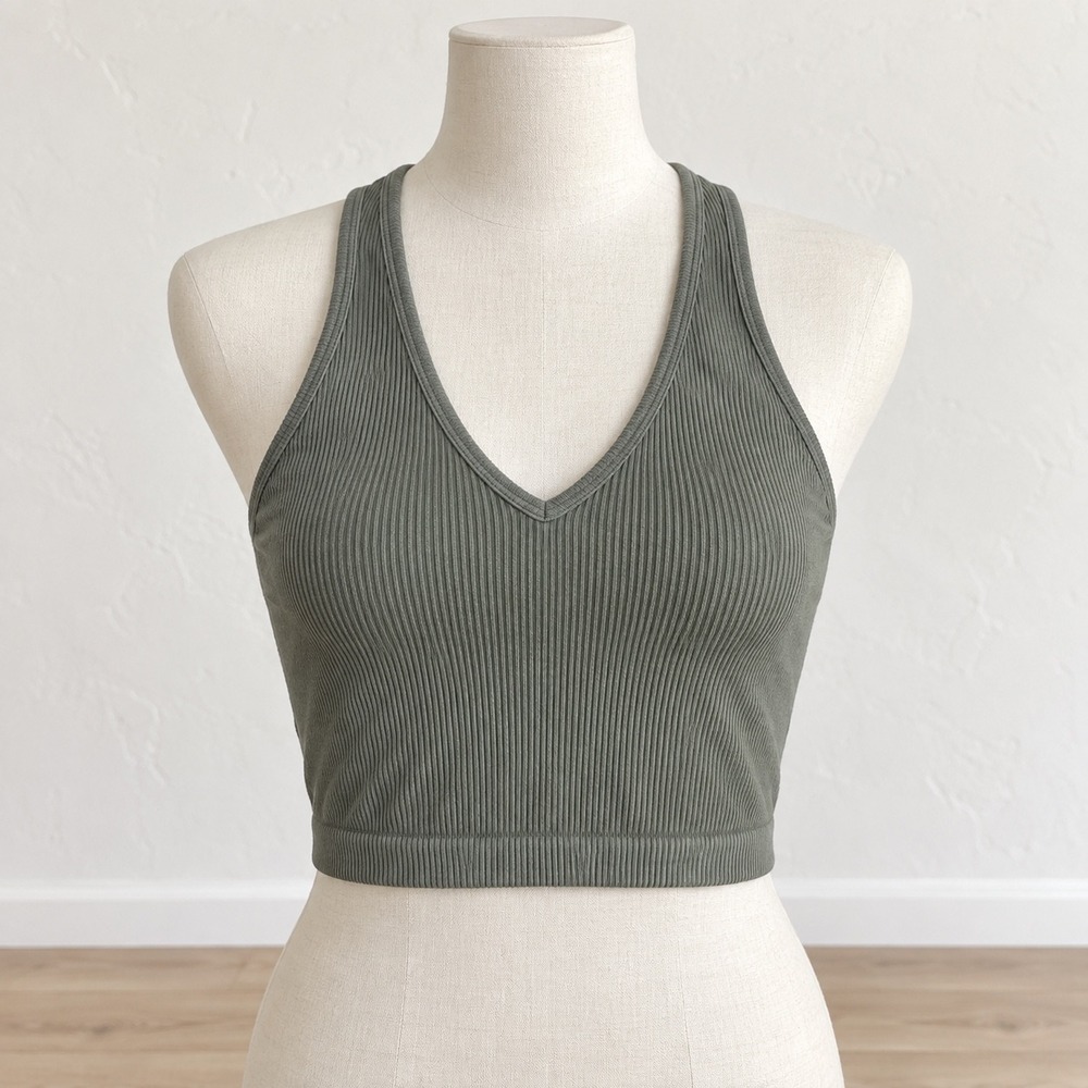 Free People FP Movement Happiness Runs Crop Tank Army Green Ribbed V-Neck Small